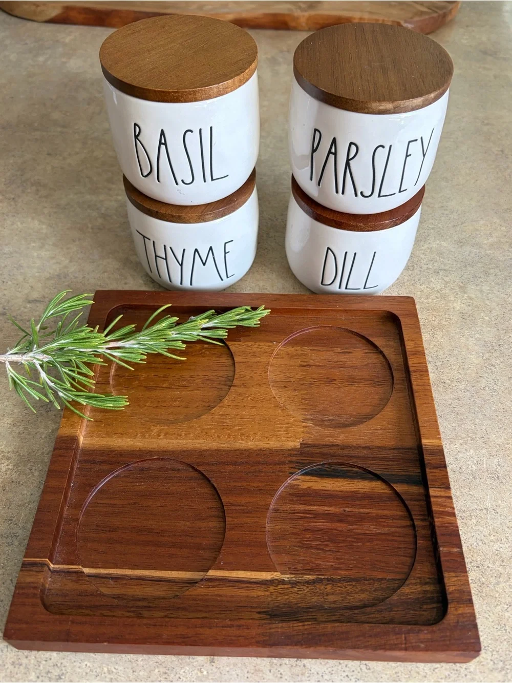 Rae Dunn White Ceramic Herb Jars with Wood Lids and Wooden Tray